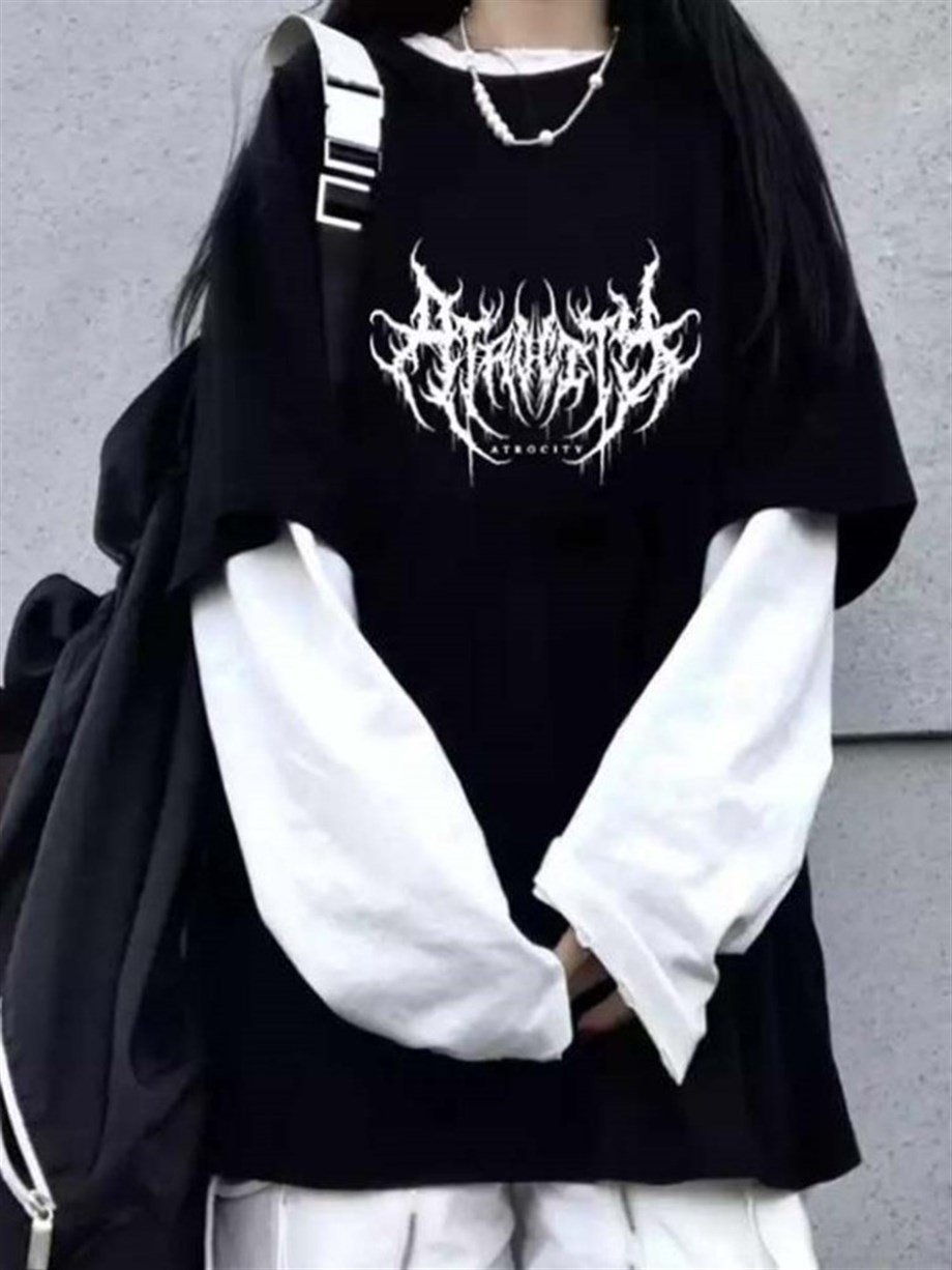 Harajuku Gothic Atrocity Unisex Beyaz Kollu T-Shirt