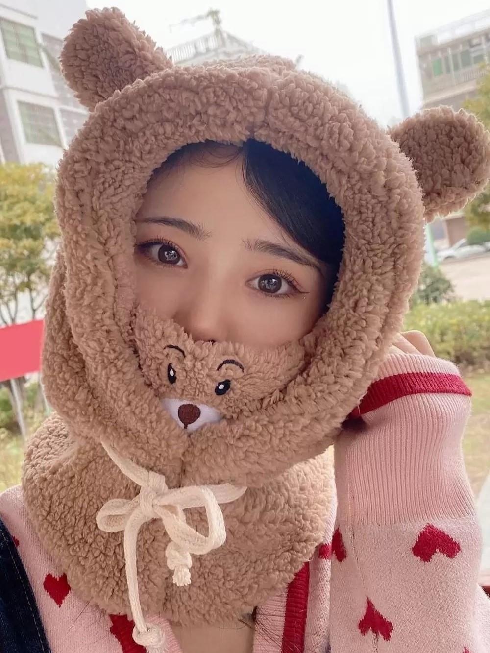 Kahverengi Peluş Ayıcık Balaclava Boyunluklu Bere