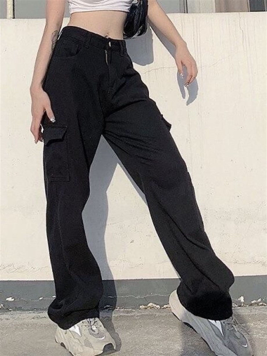 Kargo Cepli Beli Lastikli Siyah Pantolon