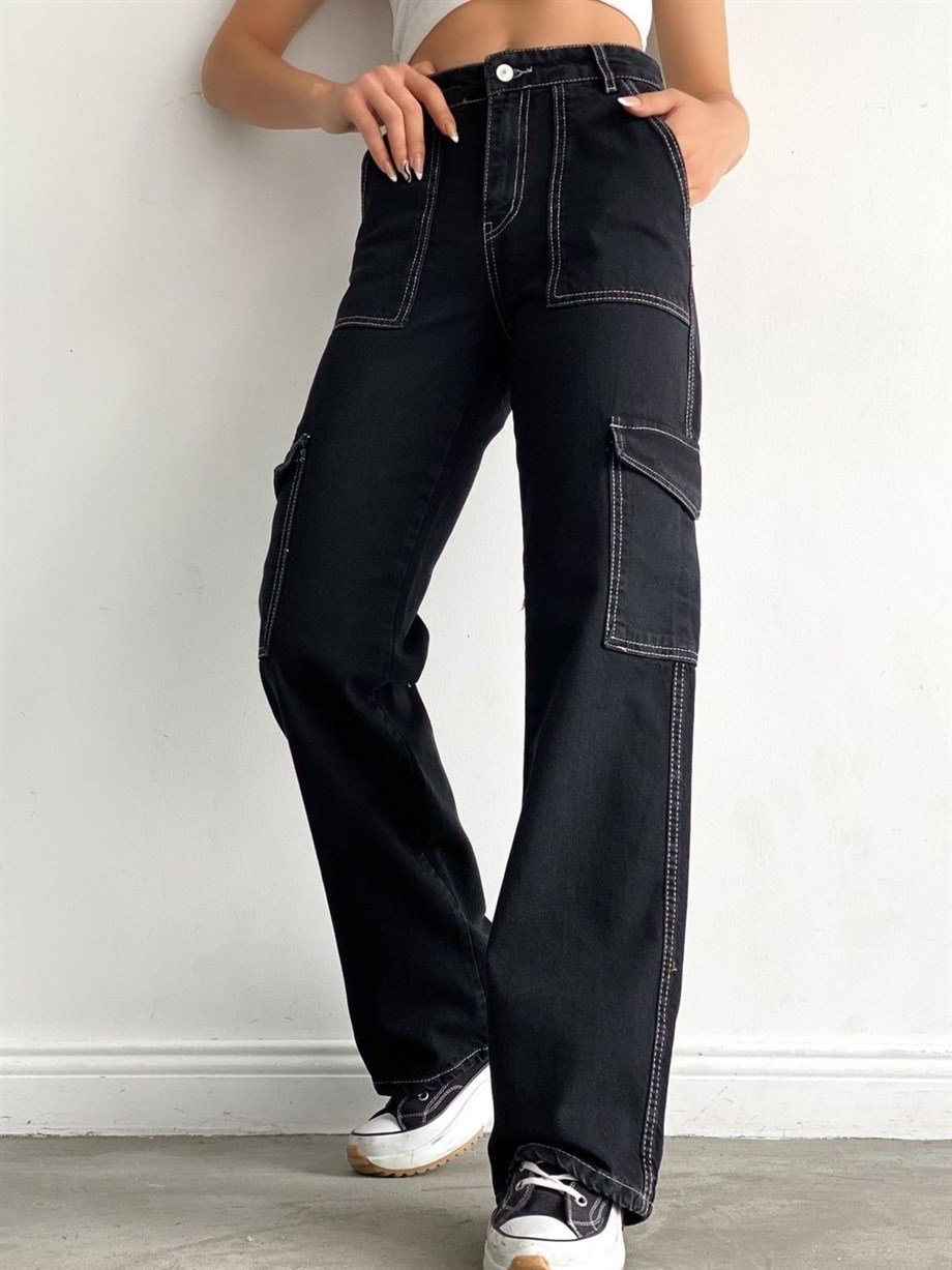 Kargo Cepli Siyah Wide Jeans Pantolon
