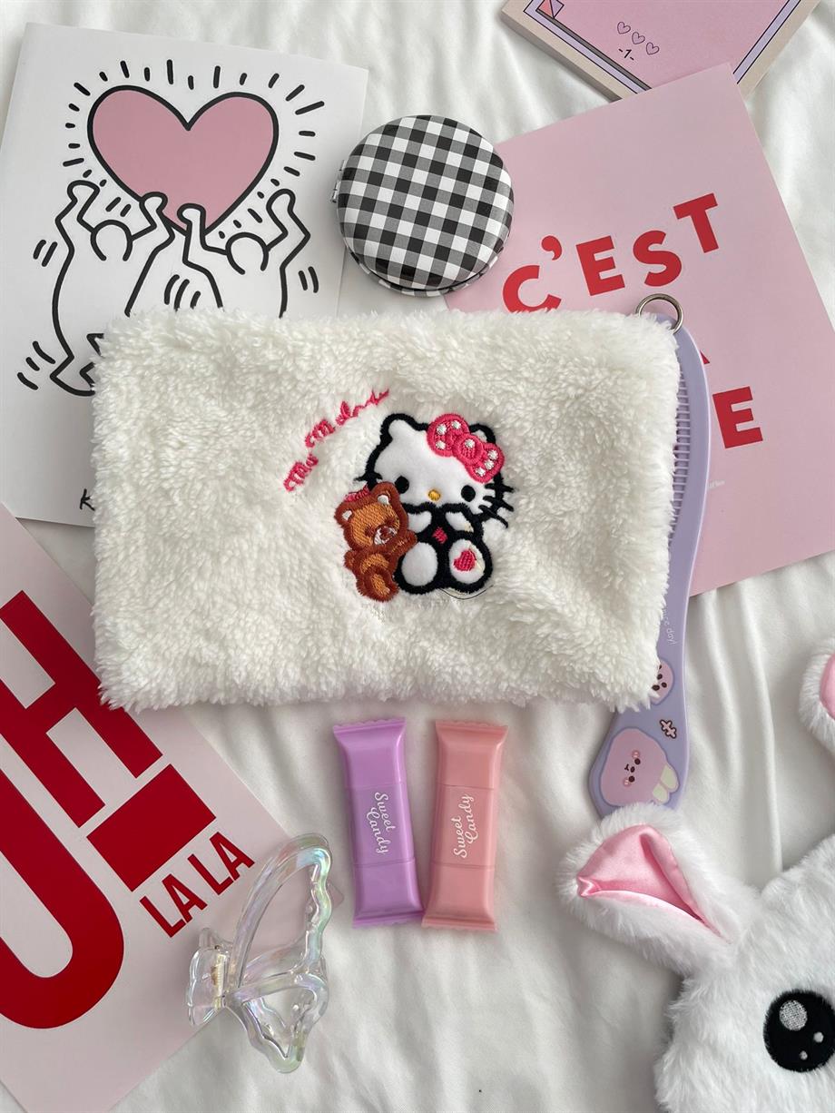 Kitty Cat Beyaz Peluş Makyaj ve Kalem Çantası