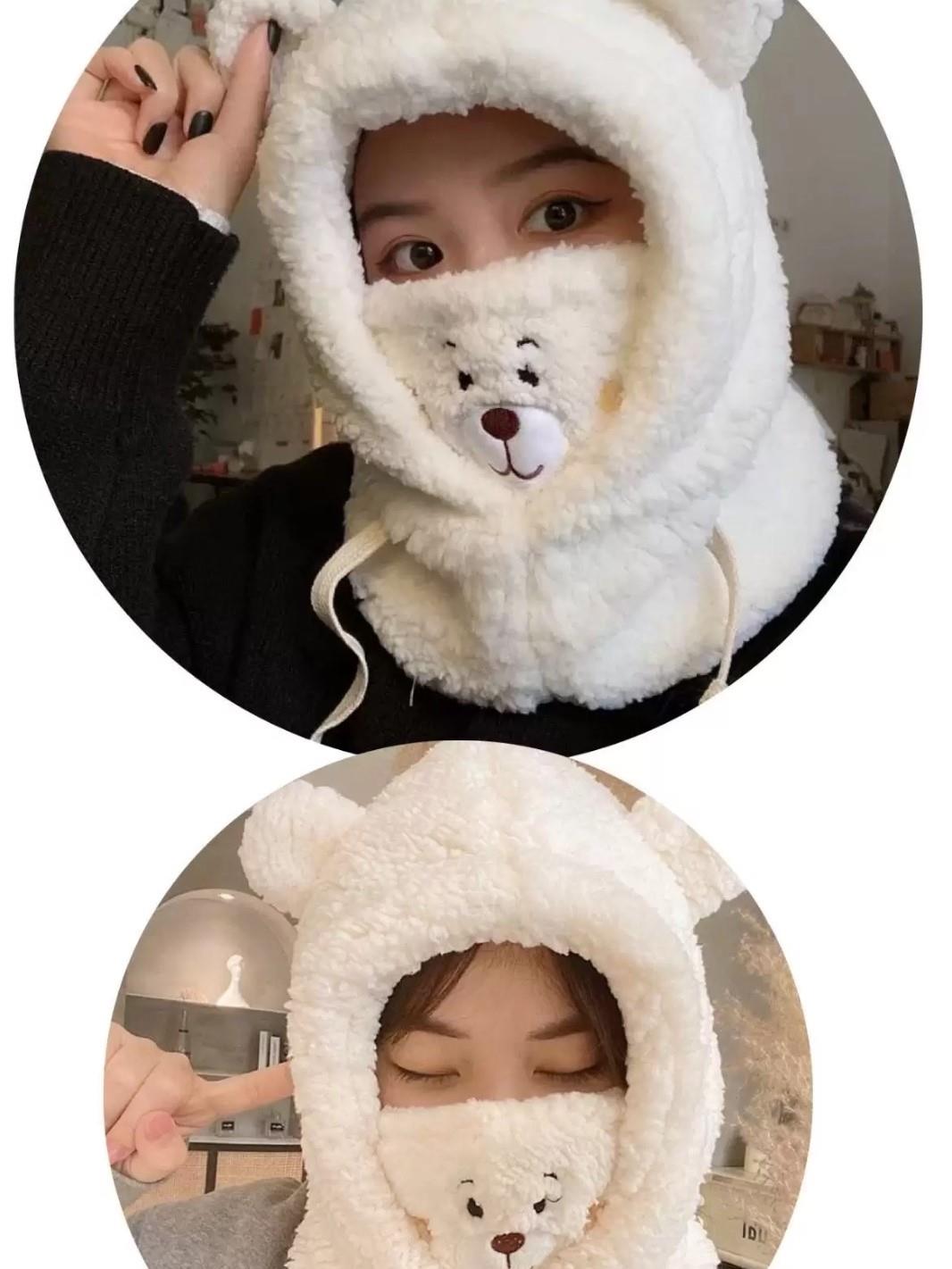 Krem Renk Peluş Ayıcık Balaclava Boyunluklu Bere