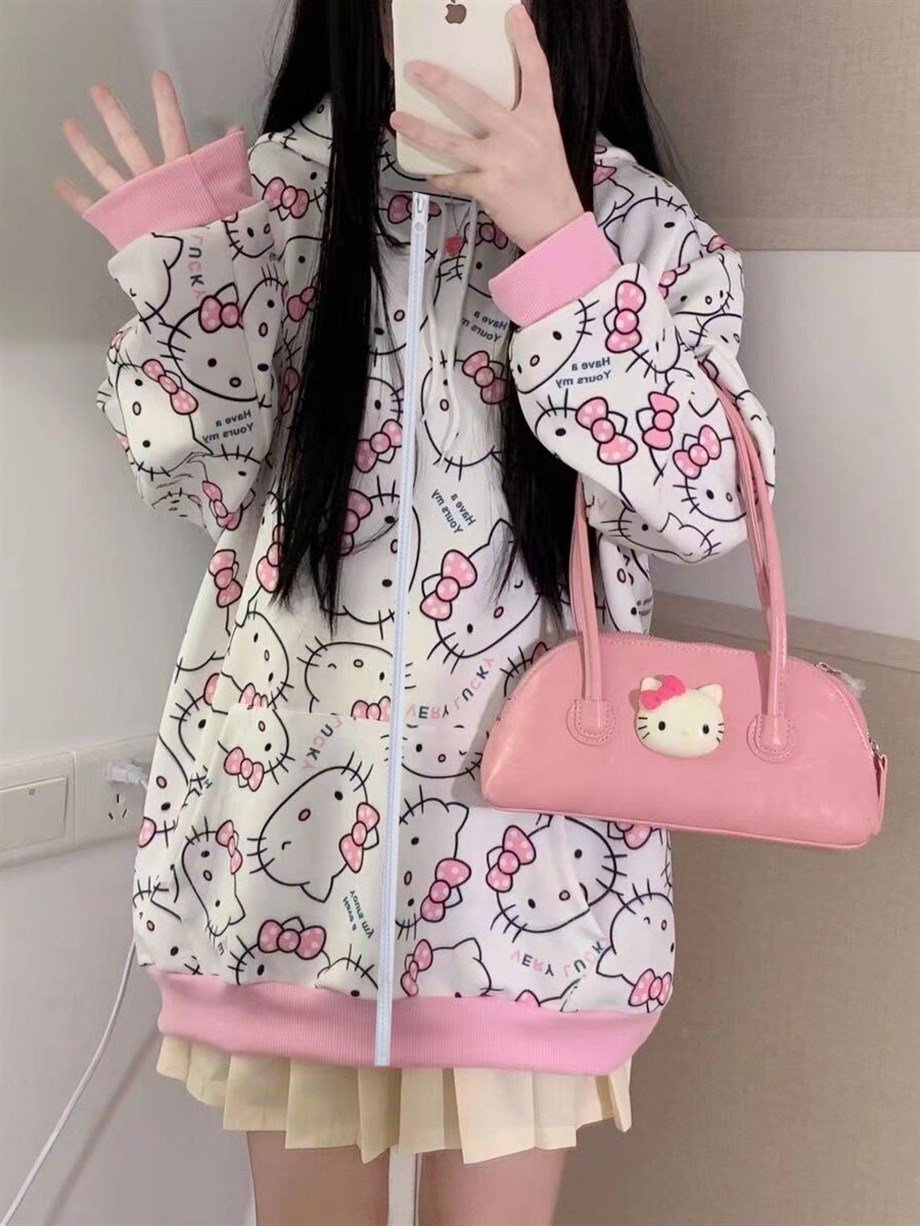 Pembe Hello Kitty Unisex Fermuarlı Sweatshirt