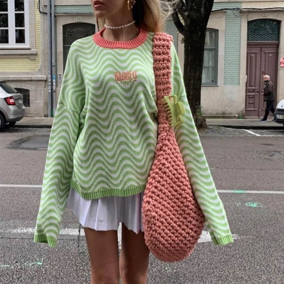 Raggeo Yeşil Çizgili Oversize Kazak