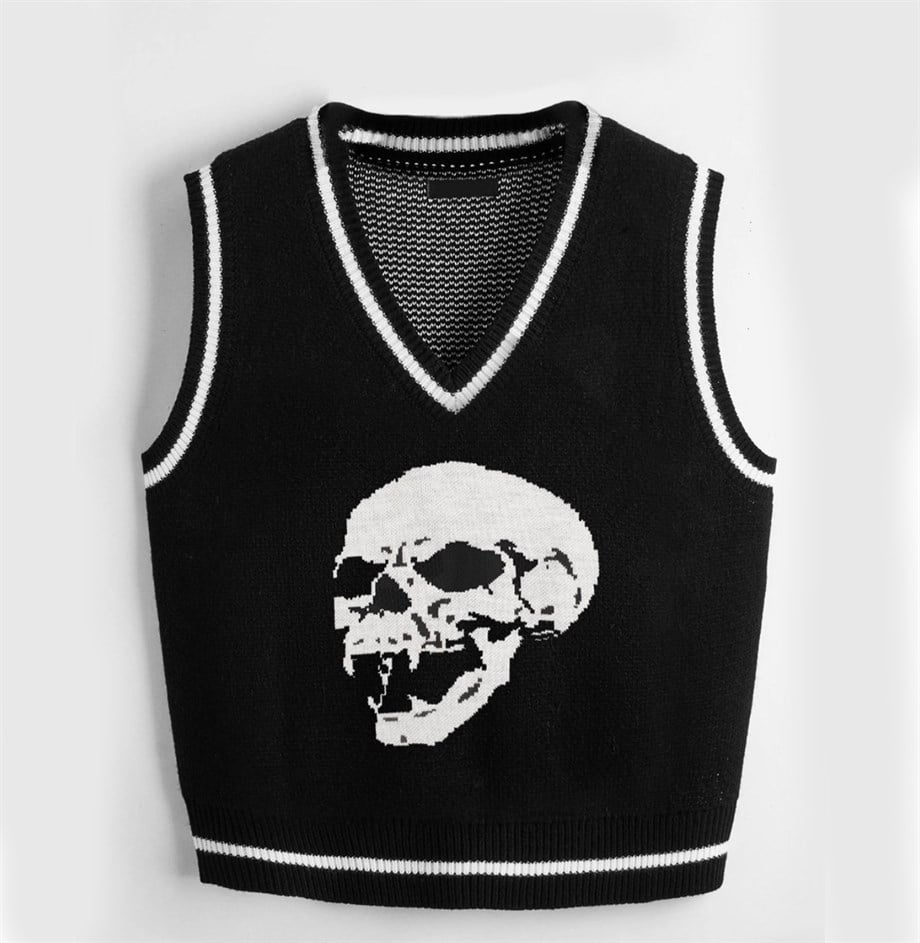 Siyah Kurukafa Gothic Süveter