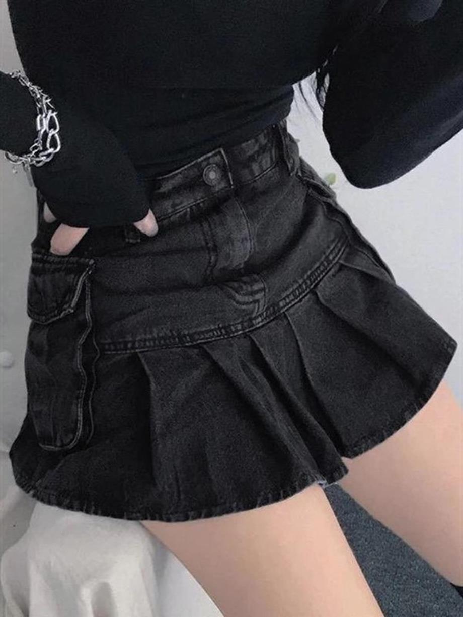 Siyah Pileli Çift Cepli Kot Etek