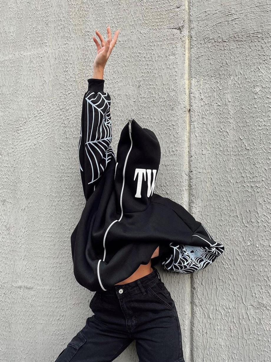 Spider Web Full Zip Siyah Oversize Hoodie