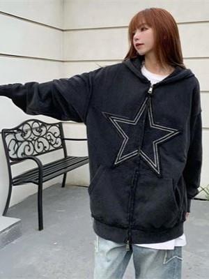 Star siyah Oversize Fermuarlı Kapüşonlu Sweatshirt