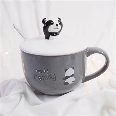 Panda Tasarımlı Kaşıklı Kupa Bardak  Büyük Boy