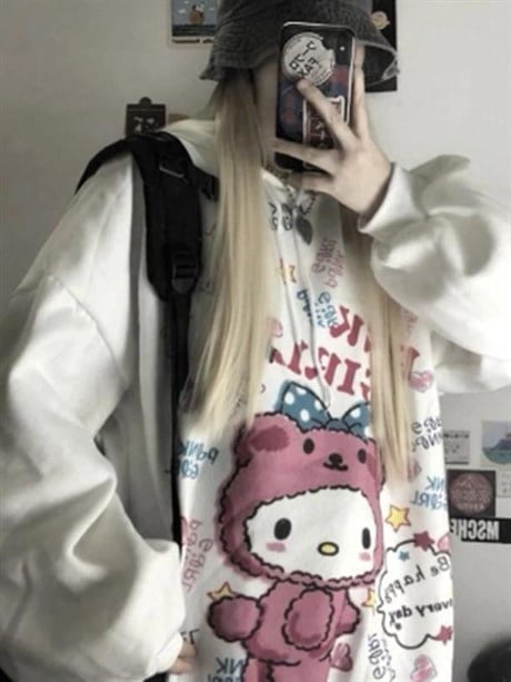 Bear Kitty Beyaz Unisex Kapşonlu Sweatshirt