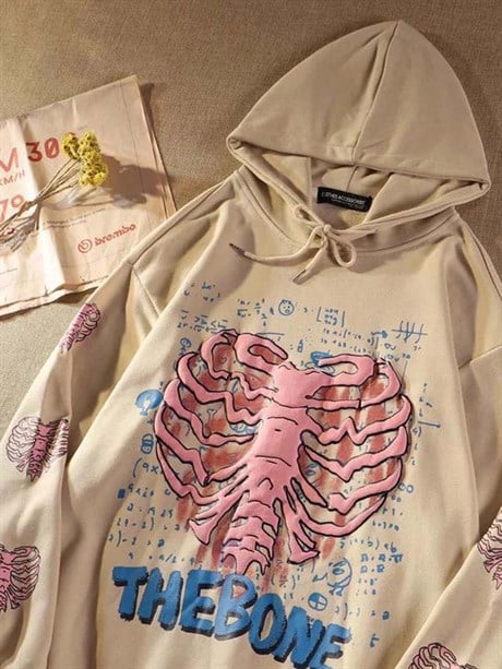 Bej The Bone Skeleton Heart Kalın Kumaş Unisex Kapşonlu Sweatshirt