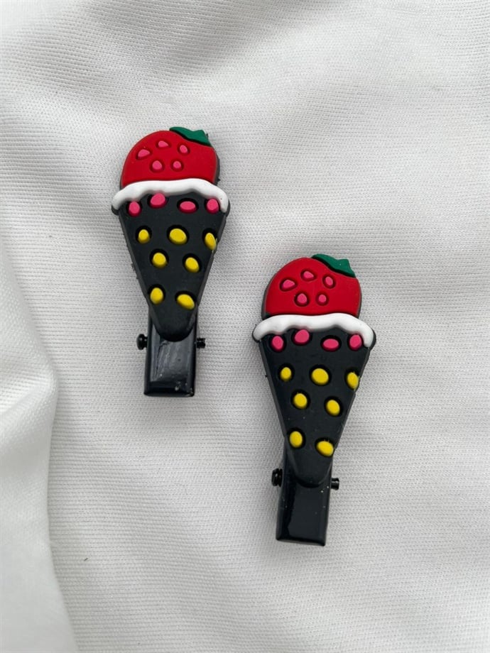 2li Çilekli Siyah Külah Dondurma Mini Pens Toka