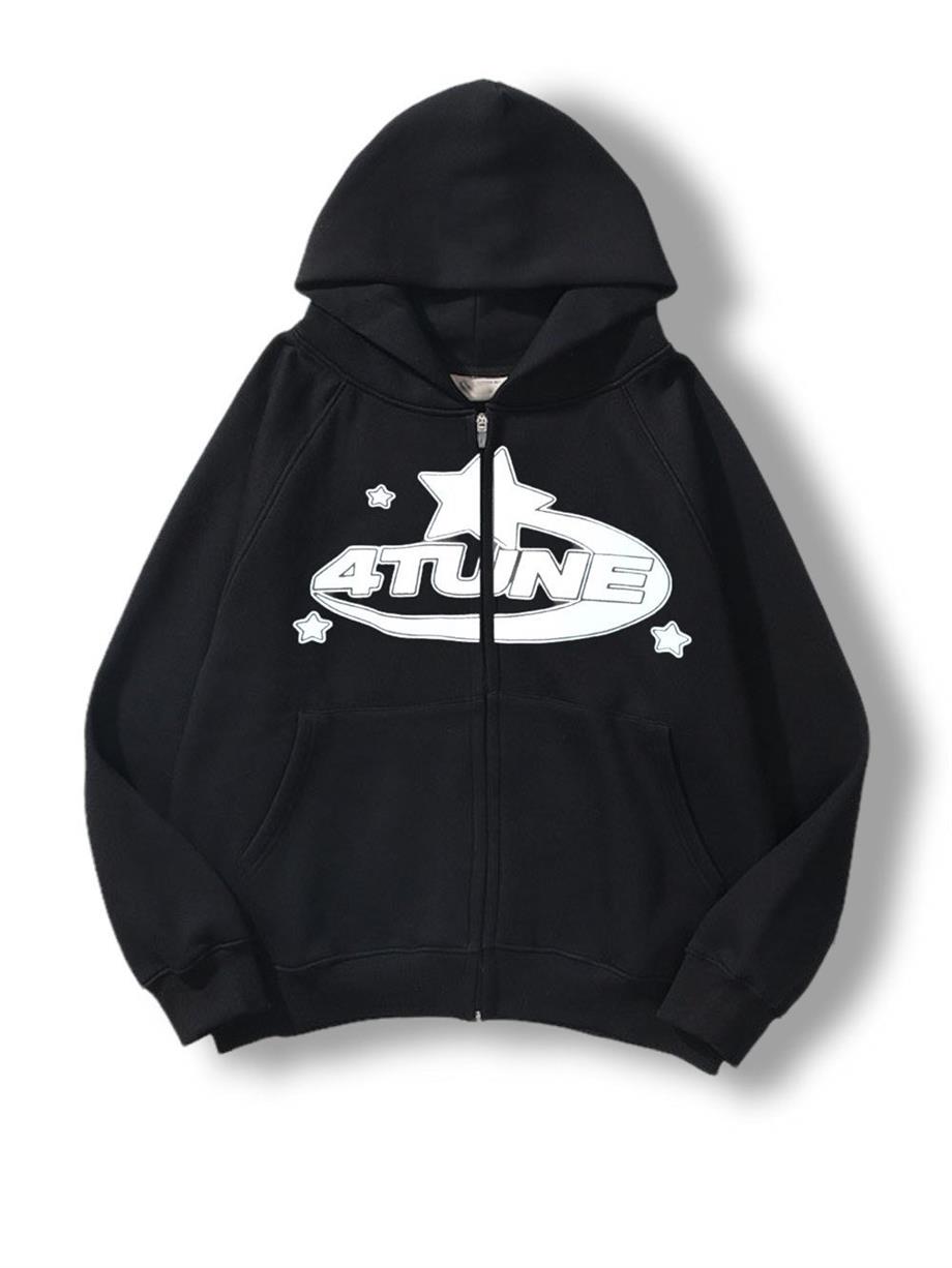 4 Tune Baskılı Oversize Fermuarlı Siyah Unisex Kapüşonlu Hırka