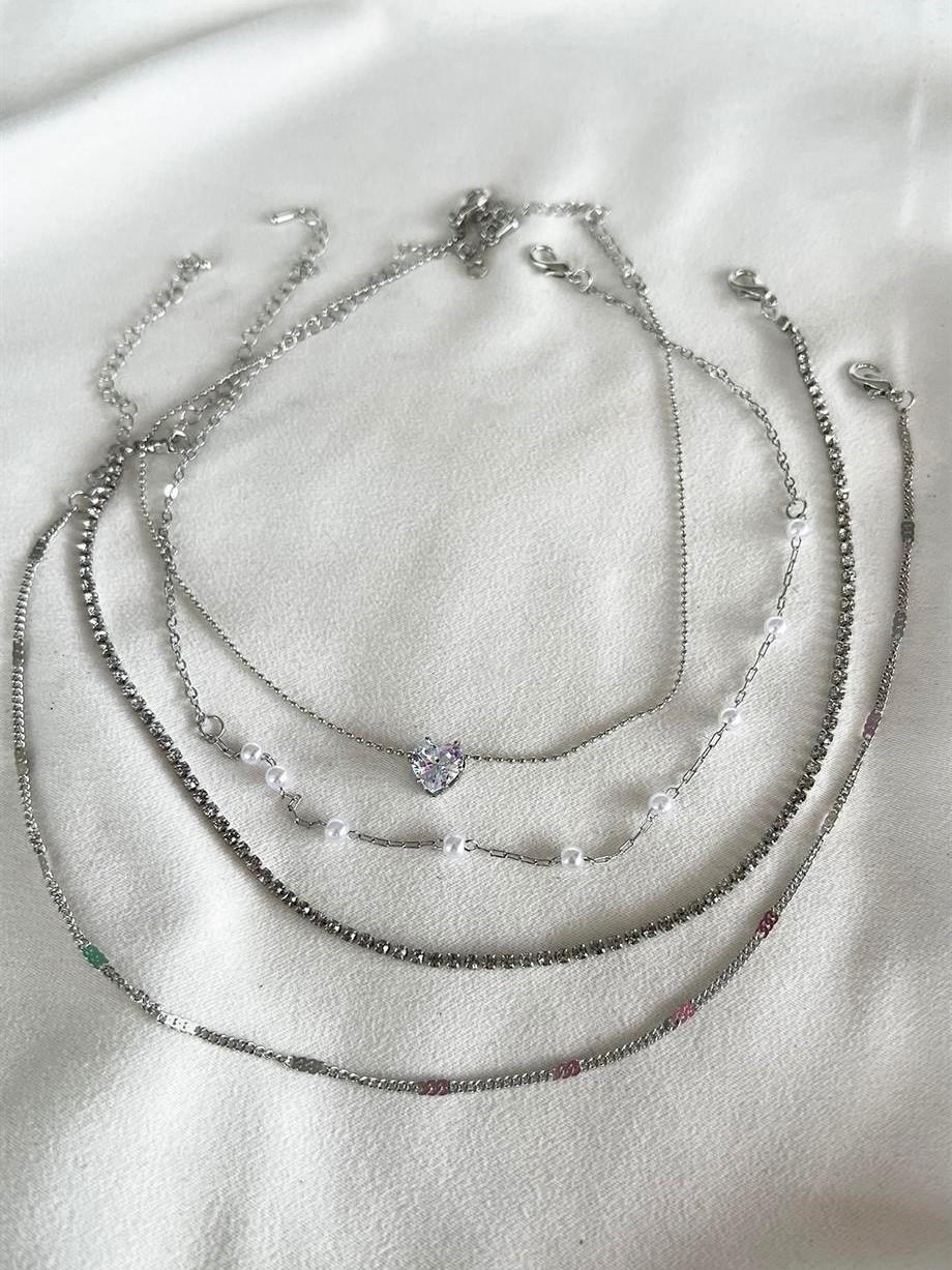 4lü Silver Choker Kolye Set