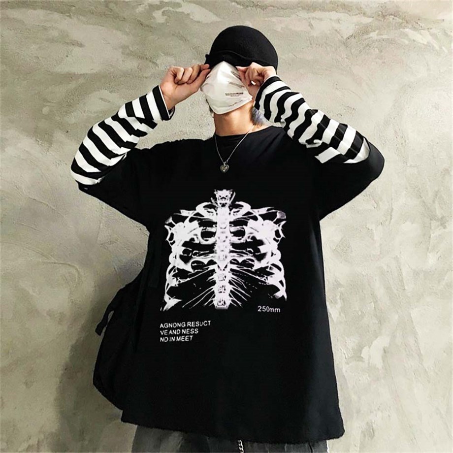 Agnong Resuct Çizgili Kollu Siyah Oversize Tshirt