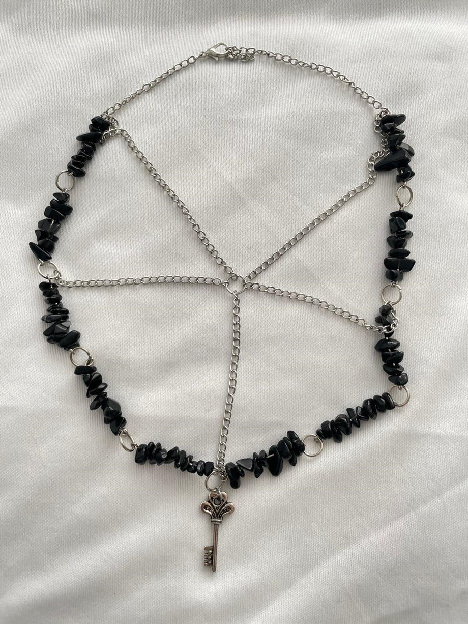 Anahtar Charmlı Doğal Taşlı Zincir Ağı Grunge Kolye I Handmade