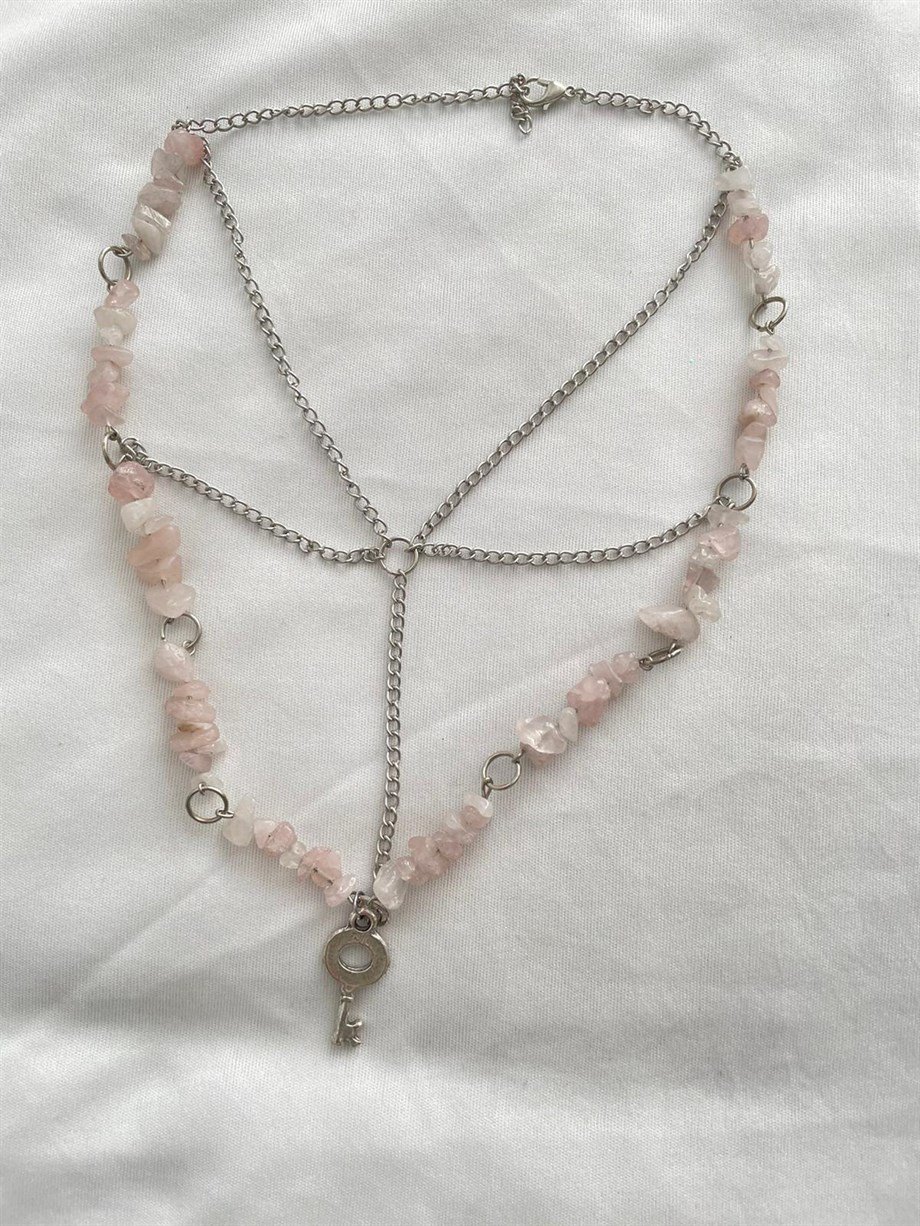 Anahtar Charmlı Pembe Kuvars Doğal Taşlı Zincir Ağı Grunge Kolye I Handmade