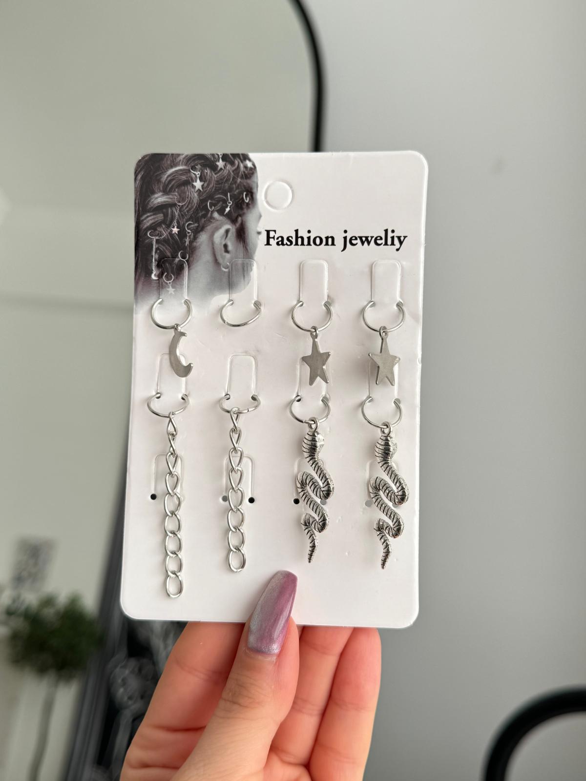 Ay Yıldız ve Zincir 12li Saç Küpesi