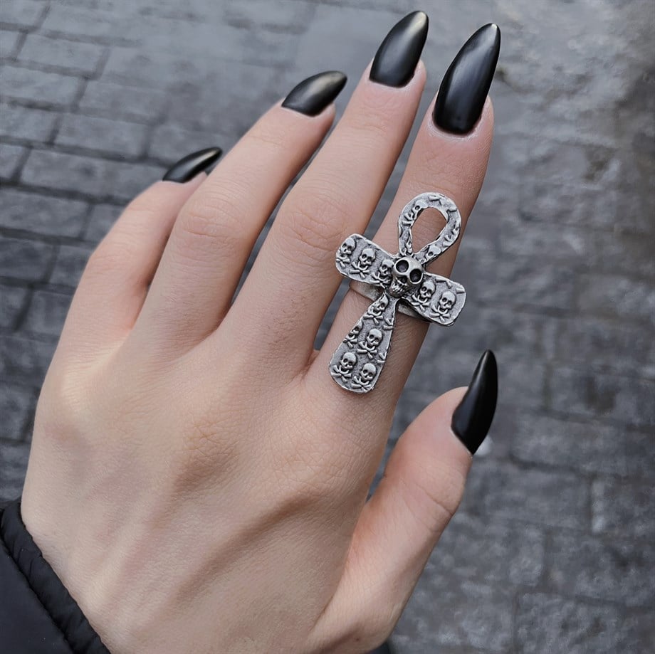 Ayarlanabilir Skull Ankh Yüzük