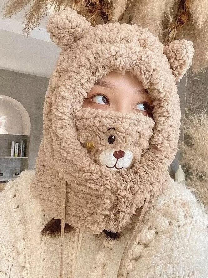 Bej Renk Peluş Ayıcık Balaclava Boyunluklu Bere