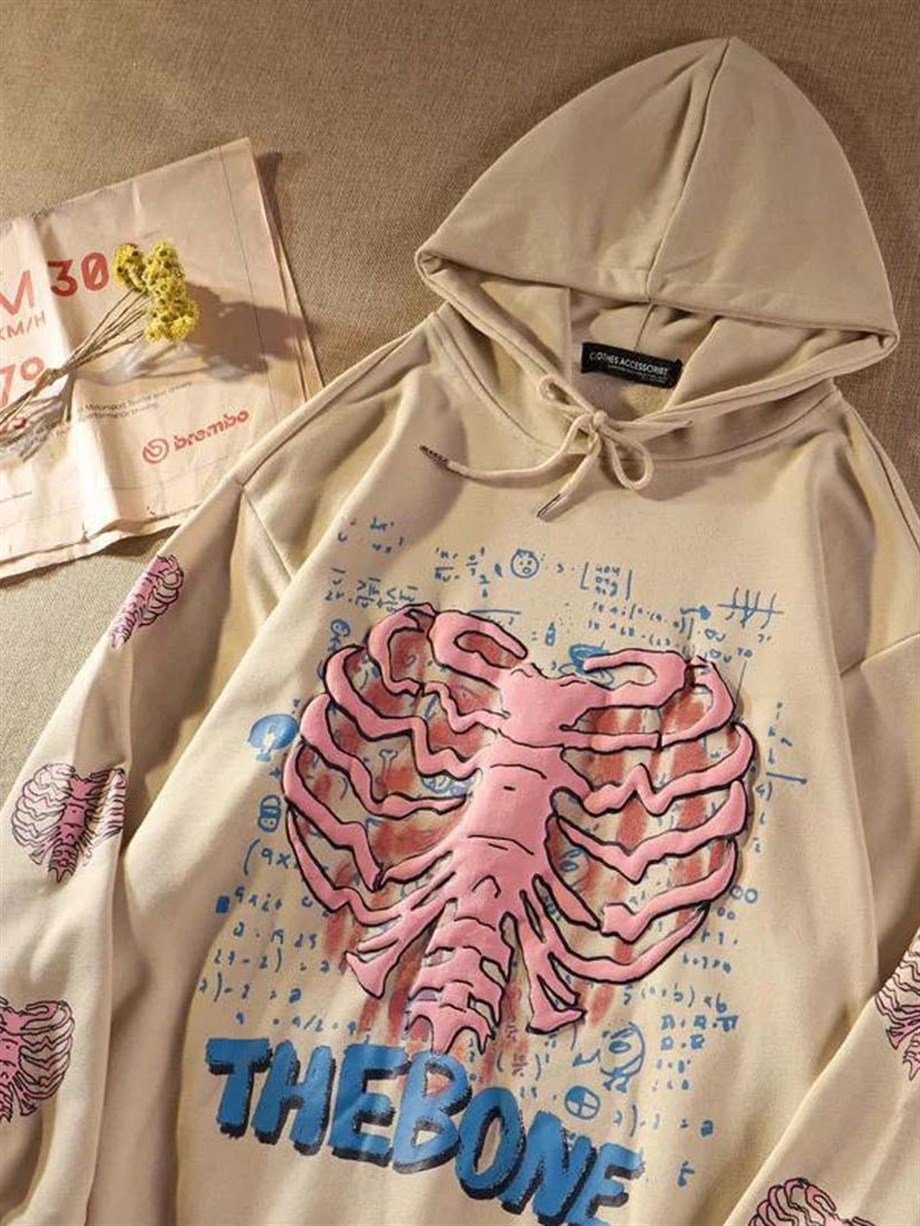 Bej The Bone Skeleton Heart Kalın Kumaş Unisex Kapşonlu Sweatshirt