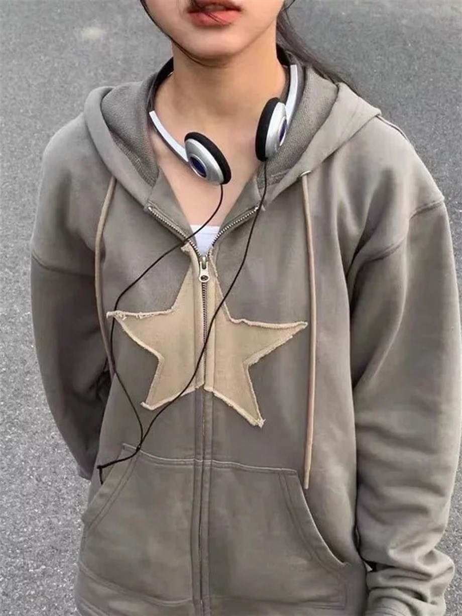 Bej Yıldızlı Unisex Kapşonlu Hırka Gri