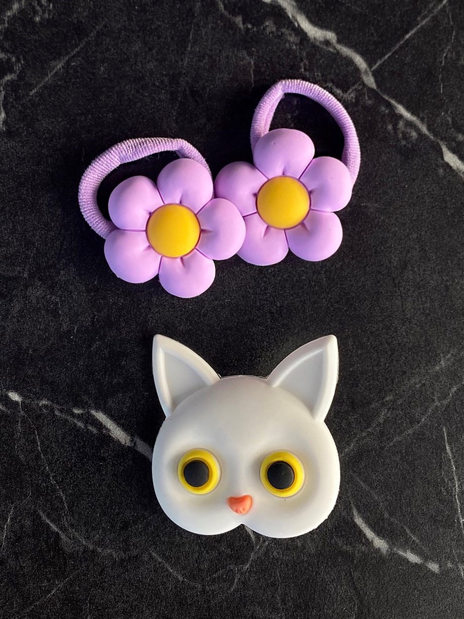 Beyaz Kedi ve Mor Çiçek 3lü Toka Seti