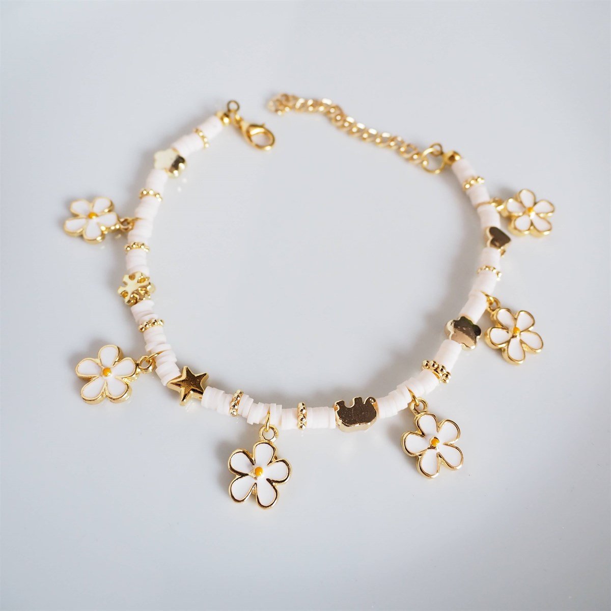 Beyaz Papatyalı Fimo Boncuk Halhal I Handmade