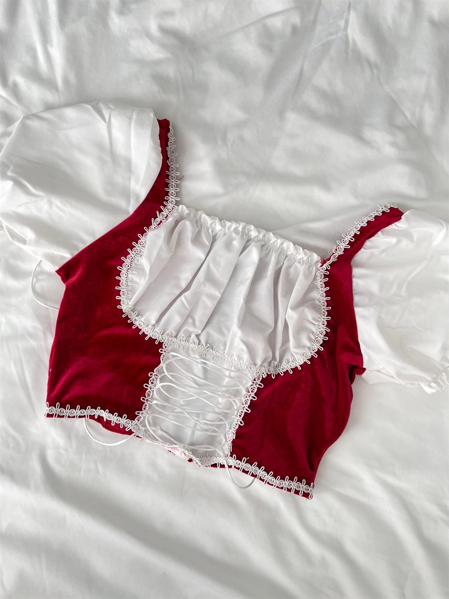 Beyaz Poplin Victorian Bluz Kırmızı