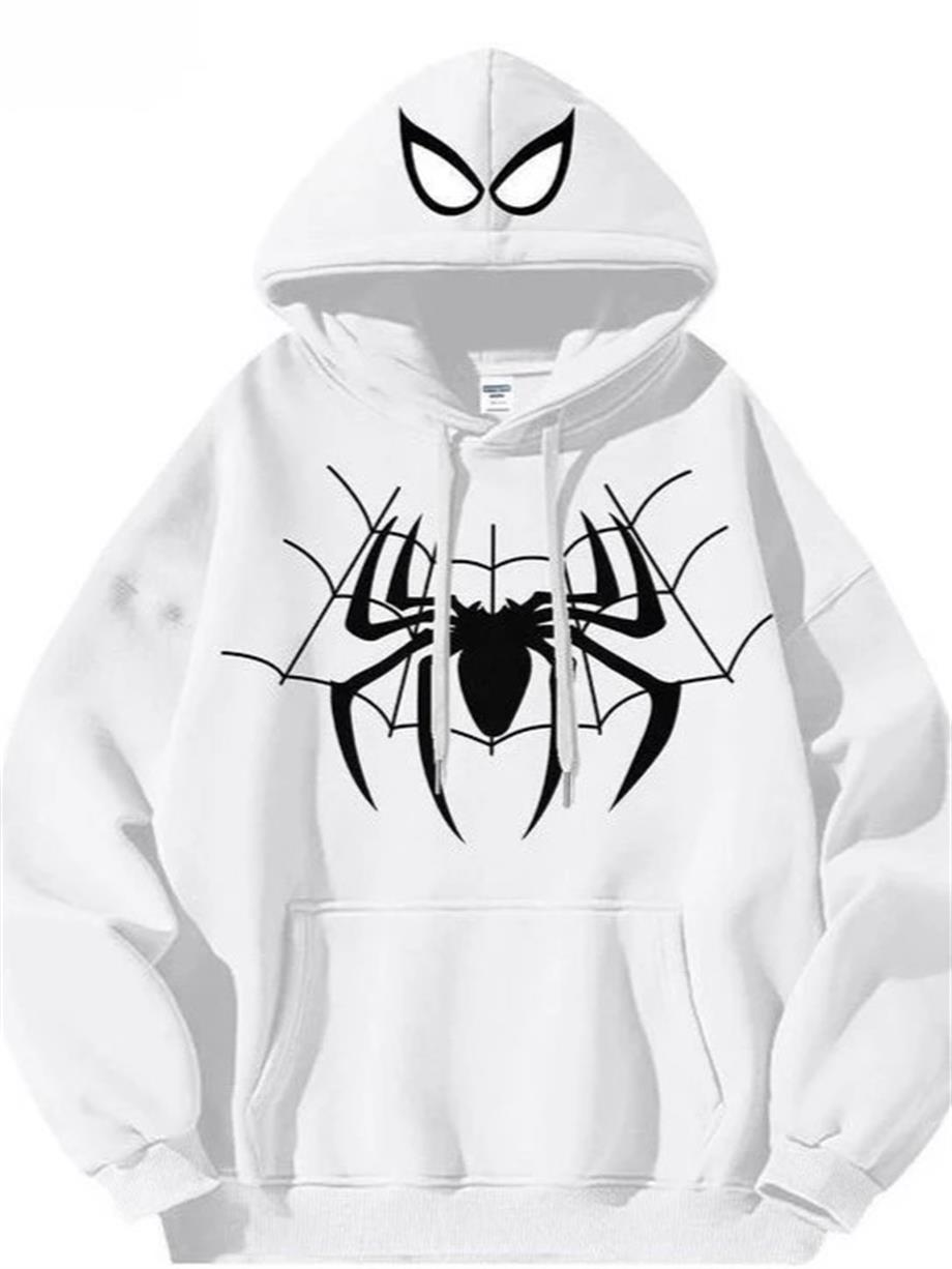 Beyaz Spider Maske Hoodie Kalın Kumaş Kapüşonlu Sweatshirt