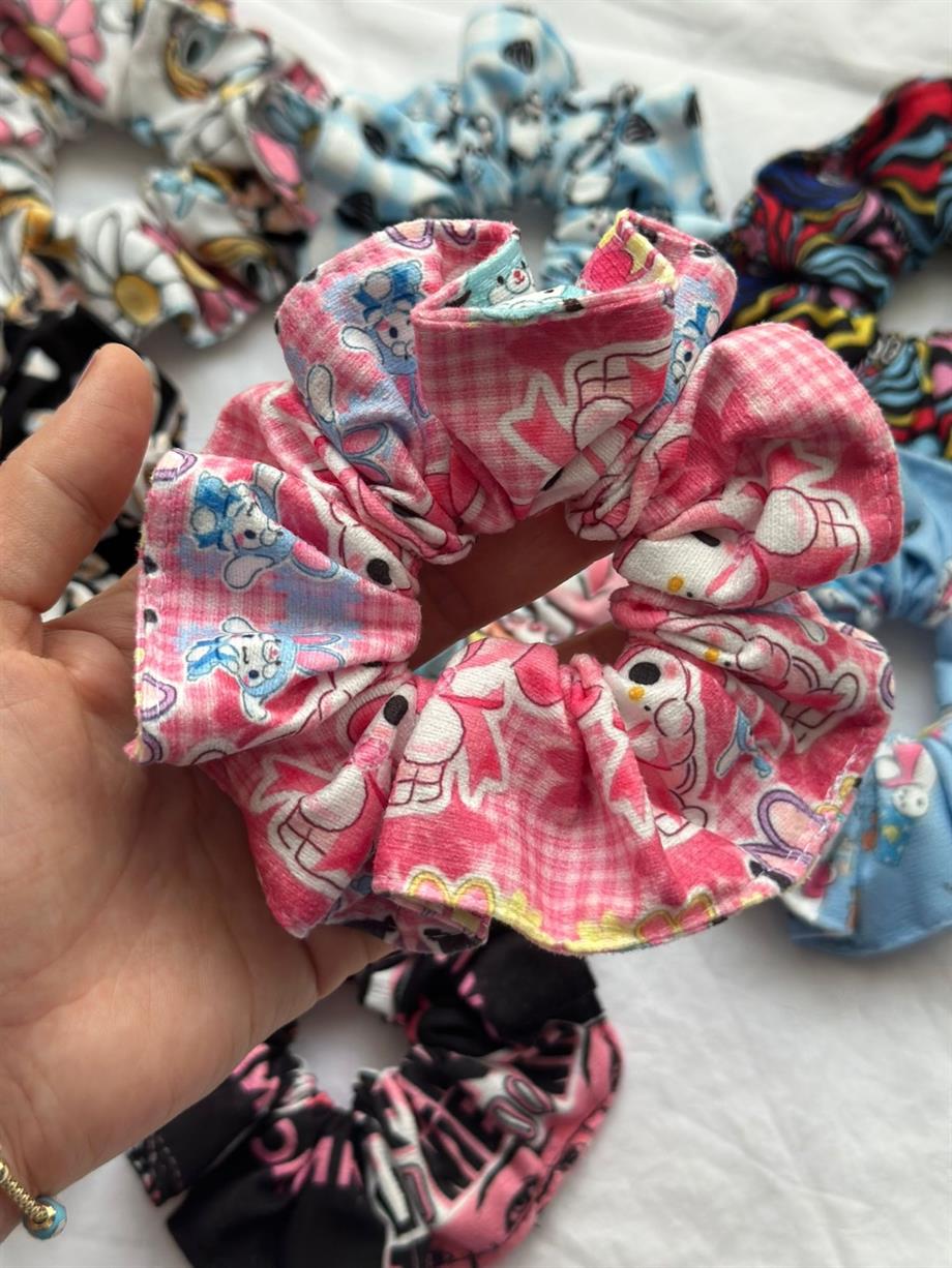 Bunny Desenli Pembe Scrunchie Lastik Toka