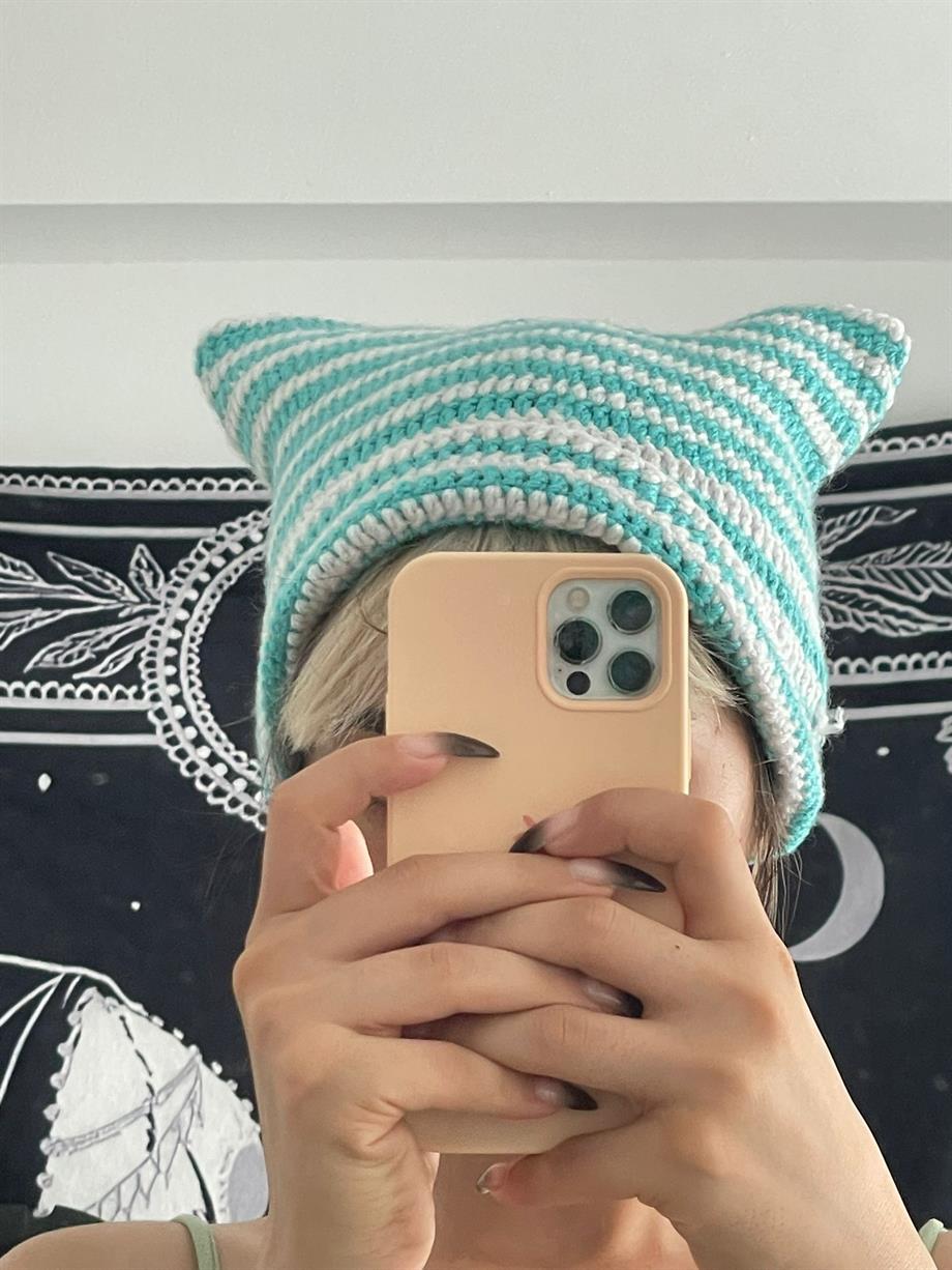 Cat Ear Bere Mavi Beyaz I Handmade