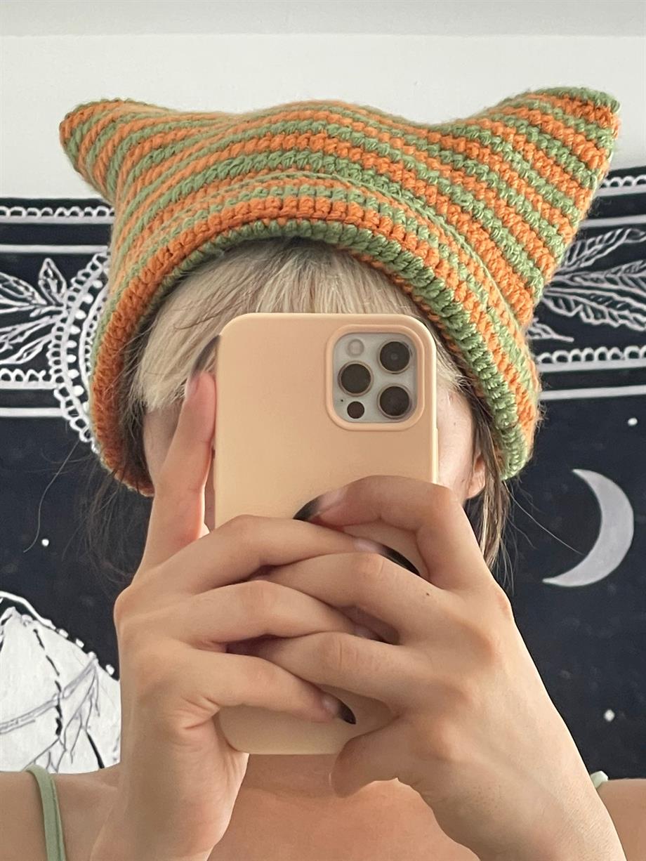 Cat Ear Bere Yeşil Turuncu I Handmade
