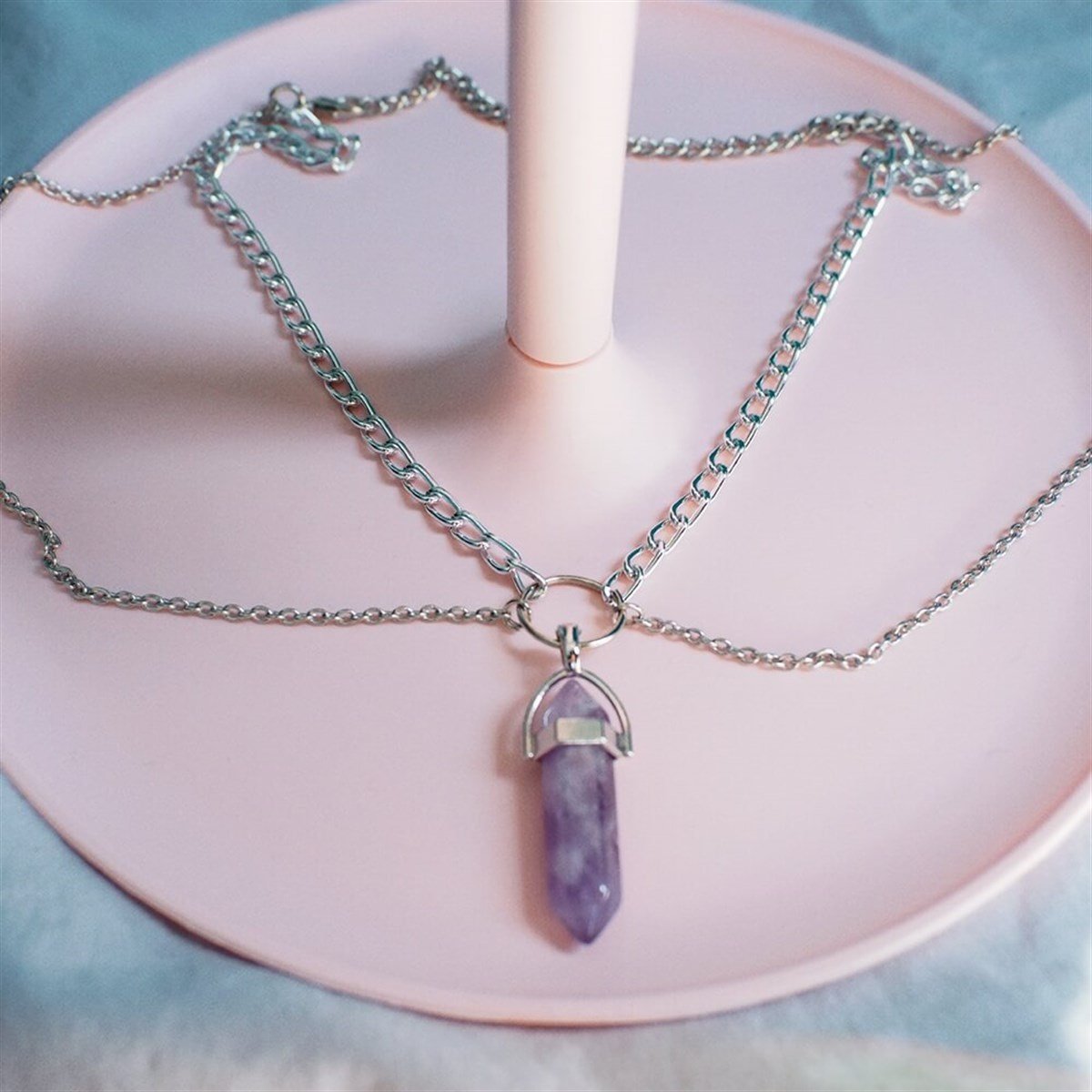 Çift Zincir Ametist Kolye