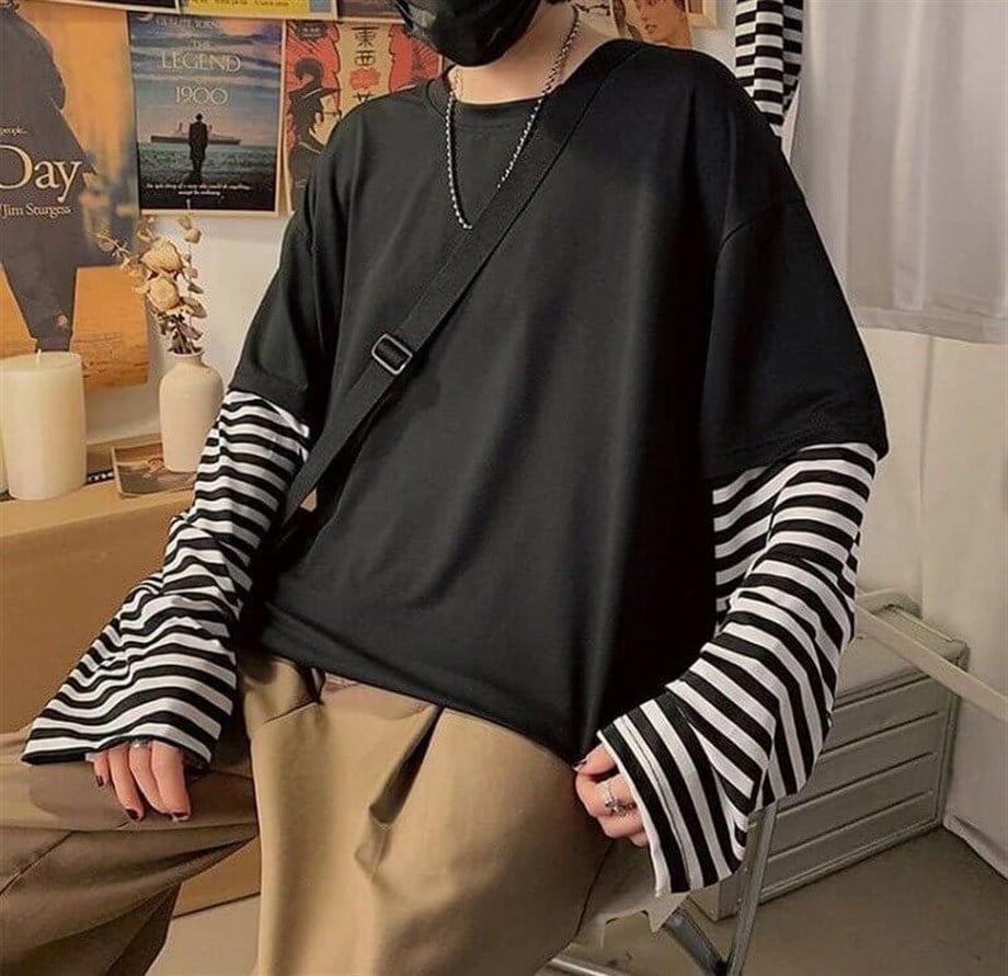 Çizgili Kollu Siyah Oversize Tshirt