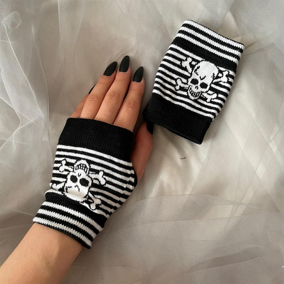Çizgili Skull işlemeli Kısa Eldiven