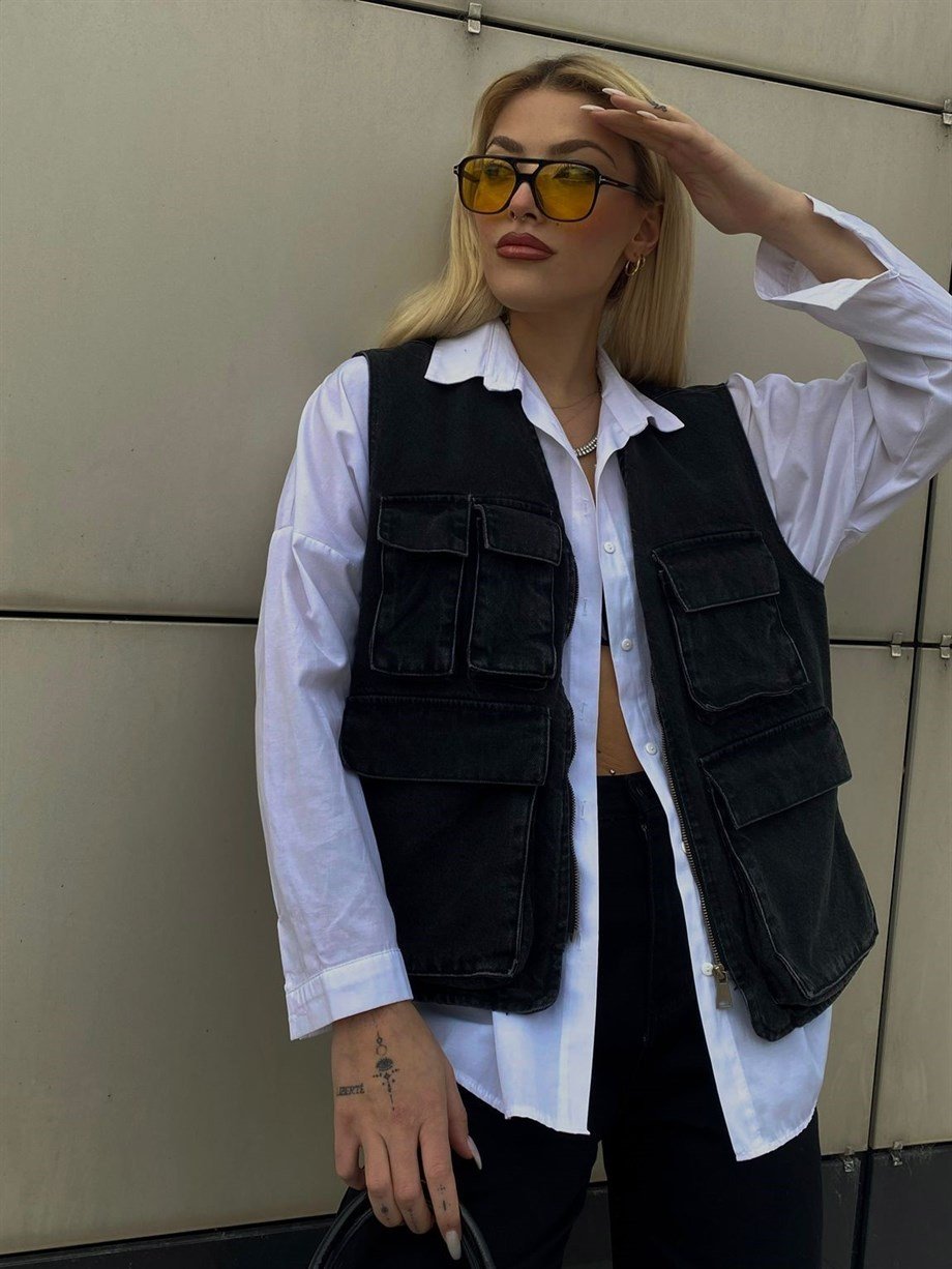 Çok Cepli Unisex Siyah Kot Yelek