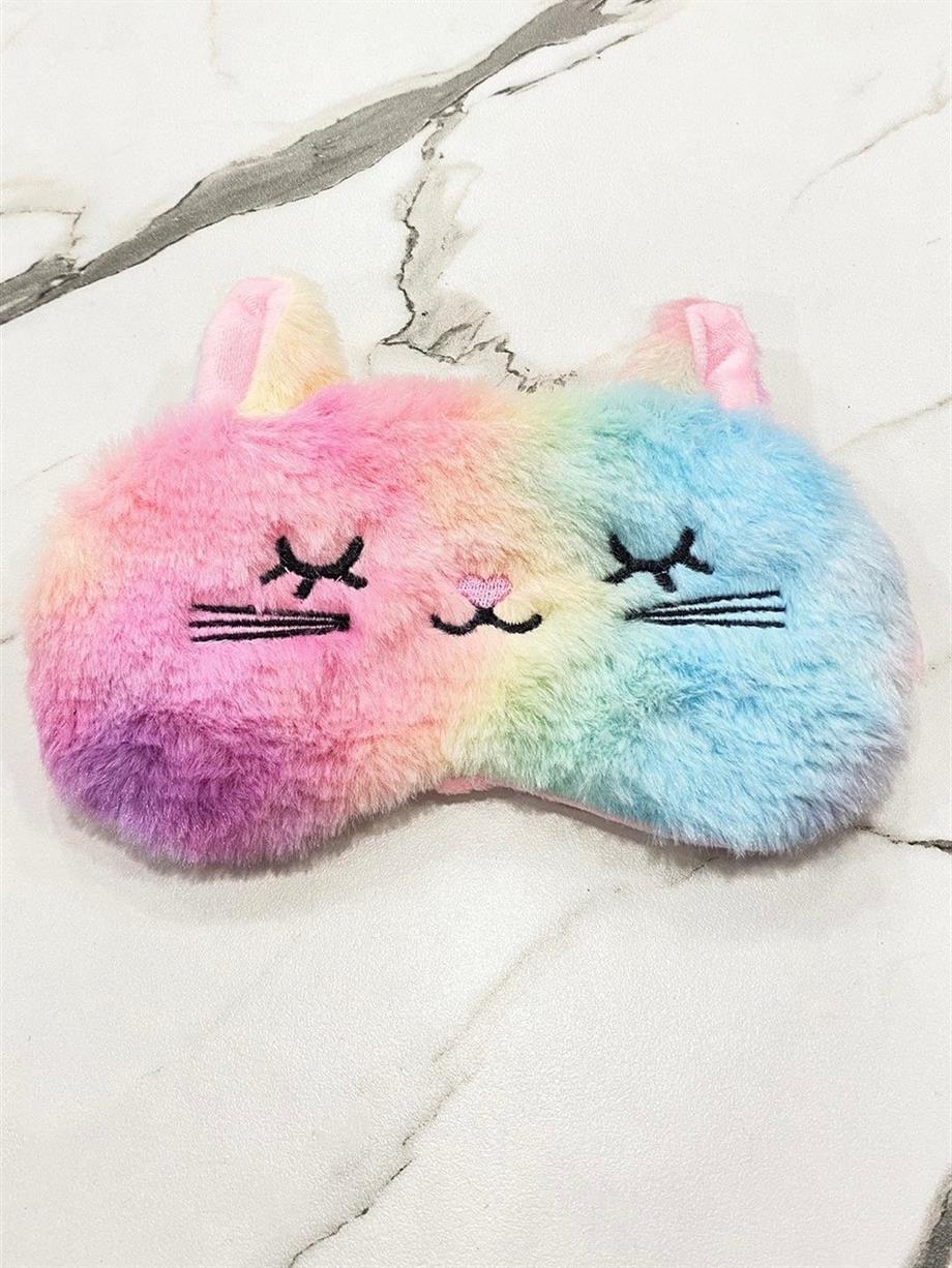 Çok Renkli Kedi Kulak Detaylı Peluş Uyku Maskesi