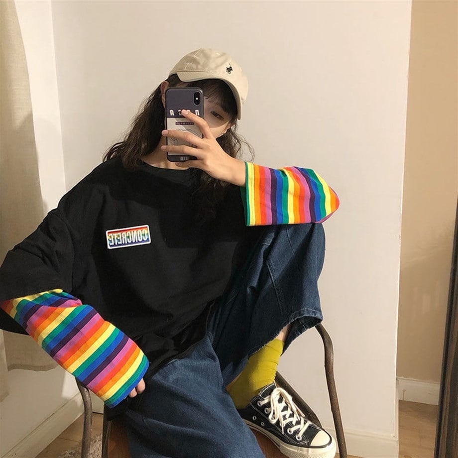 Concrete Rainbow Çizgili Kollu Siyah Oversize Tshirt