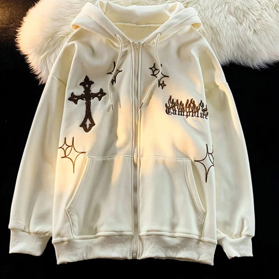 Cross And Star Ekru Unisex Fermuarlı Kapşonlu Sweatshirt