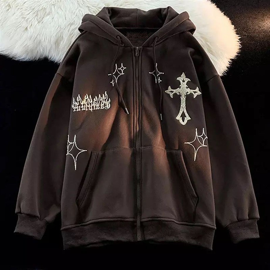 Cross And Star Unisex Fermuarlı Kapşonlu Sweatshirt