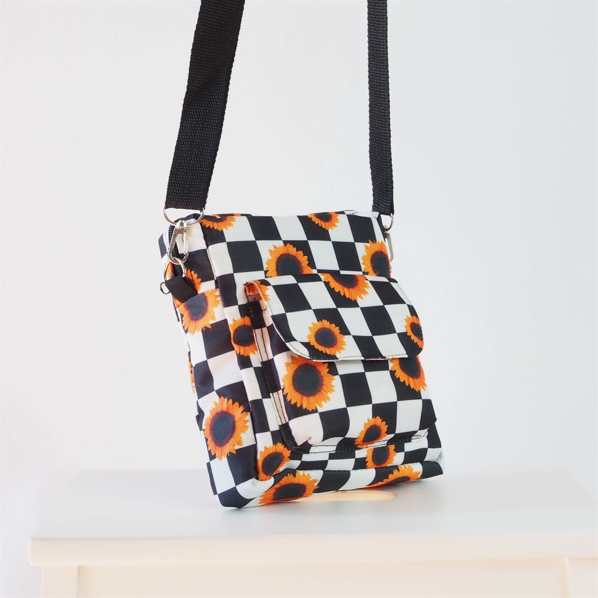 Damalı Ayçiçeği Crossbody Çanta / Cırtlı