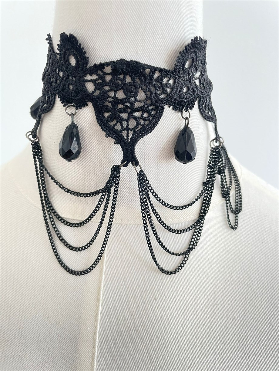 Dantelli Zincirli Choker Kolye