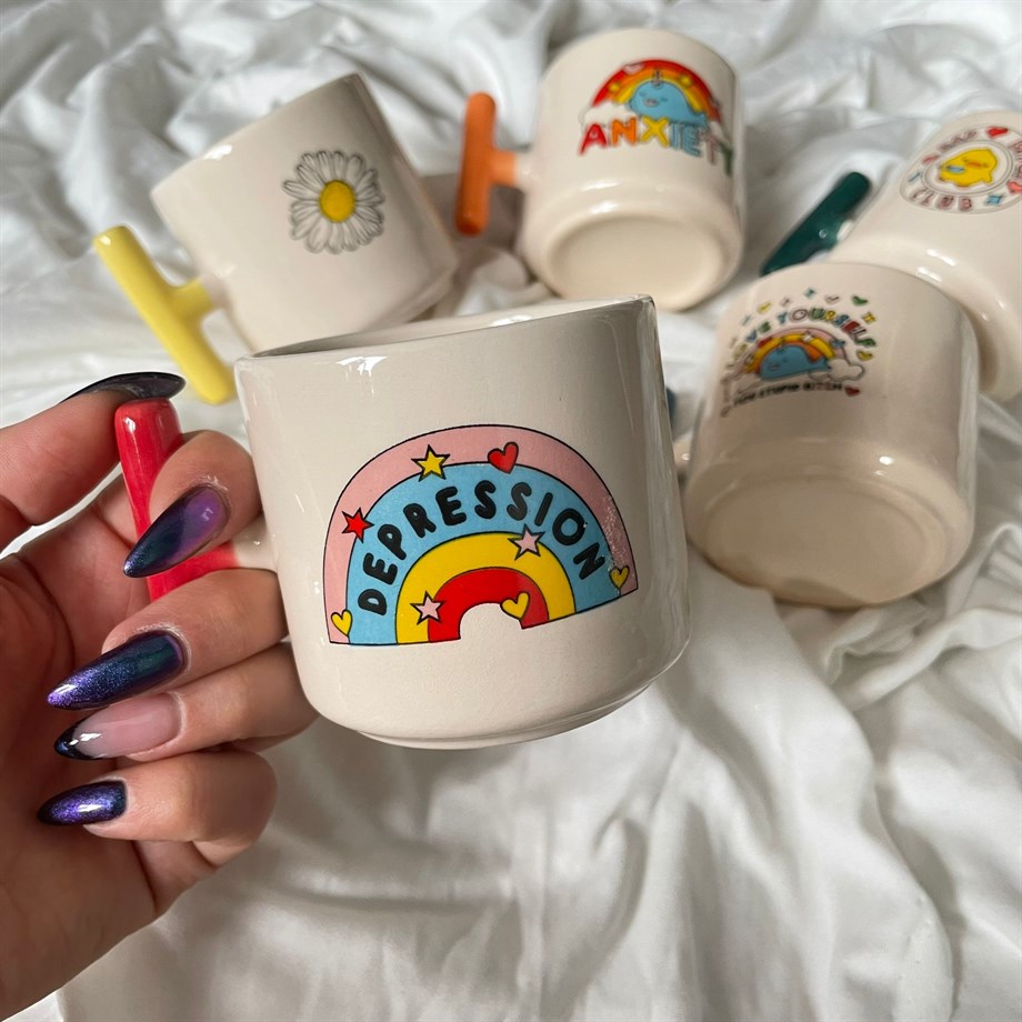 Depression El Yapmı Seramik T Kupa Kırmızı Kulp