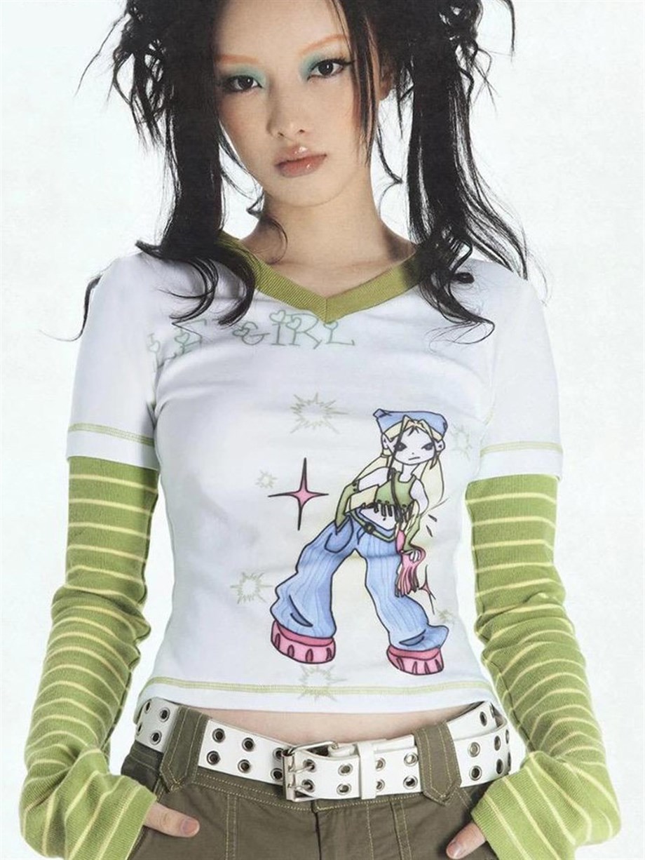 Emo E-Girl Yeşil Çizgili Uzun Kollu Crop