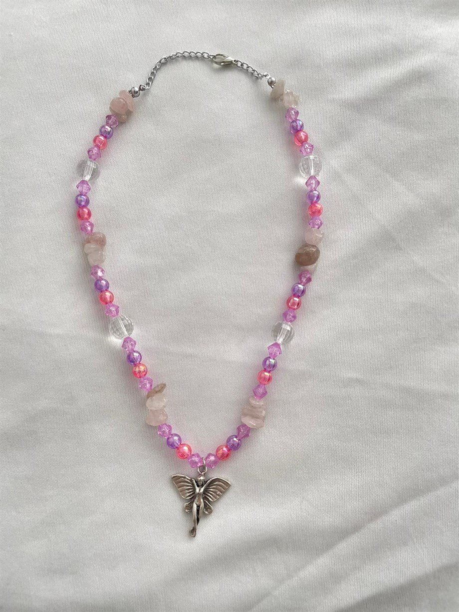 Fairy Charmlı Pink Doğal Taş Grunge Kolye I Handmade