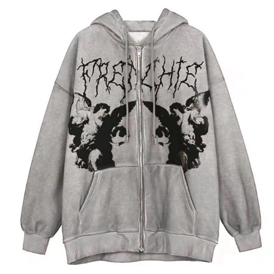 Frenchie Angel Gri (Unisex) Fermuarlı Kapşonlu Sweatshirt