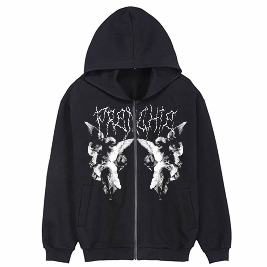 Frenchie Angel Siyah Kalın Pamuklu (Unisex) Fermuarlı Kapşonlu