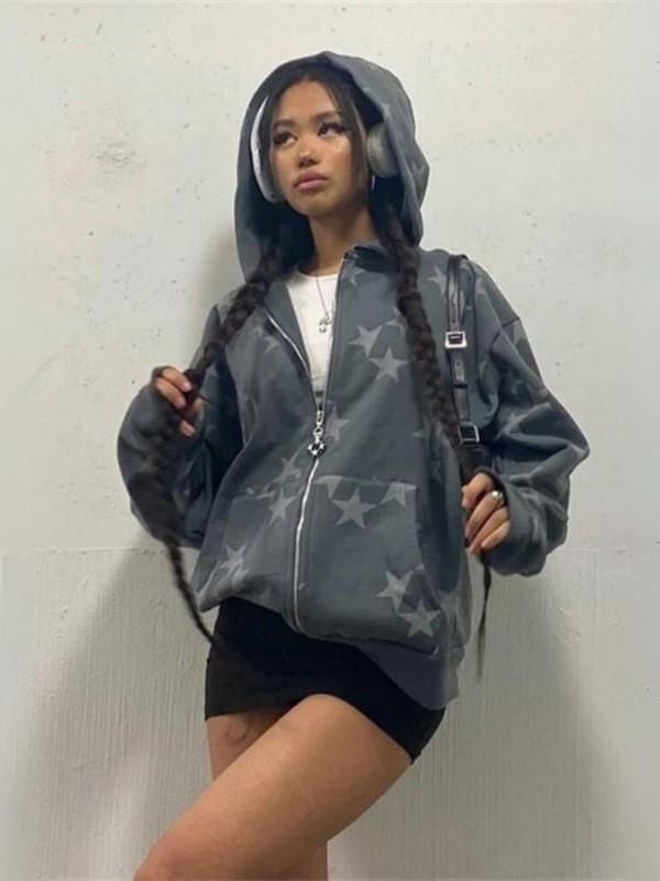 Füme Vintage Yıldız Baskılı Fermuarlı Kapüşonlu Sweatshirt