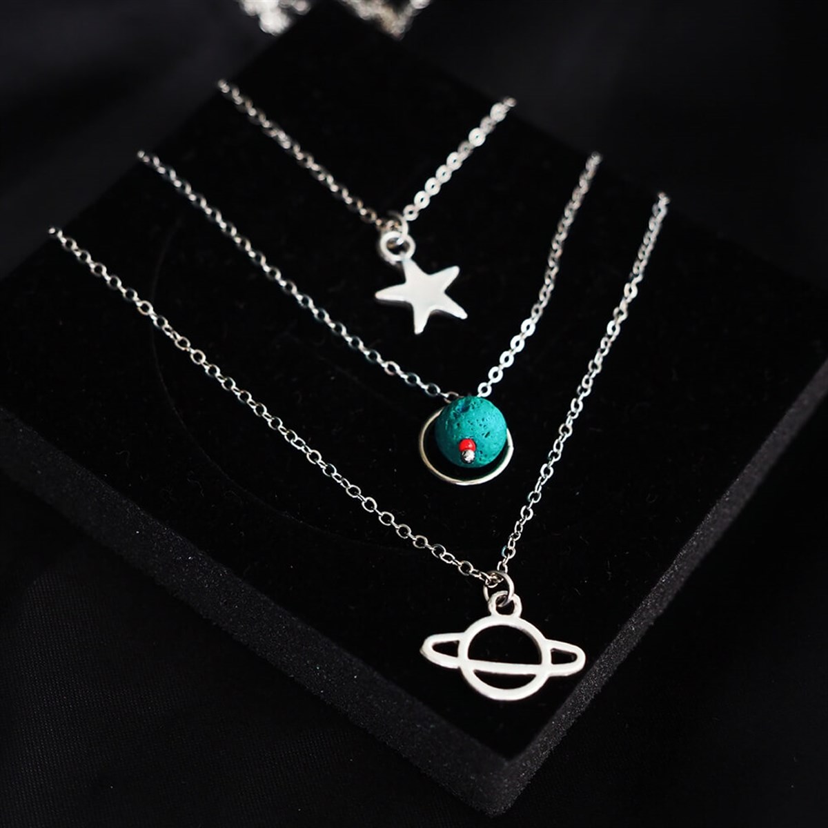 Galaxy Dizilimli 3'lü Zincir Kolye Mavi Taş